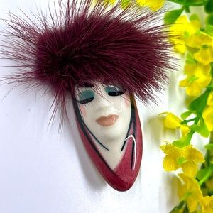 Art Deco Ceramic Woman With Fur Hat Vintage Wearable Art Brooch
